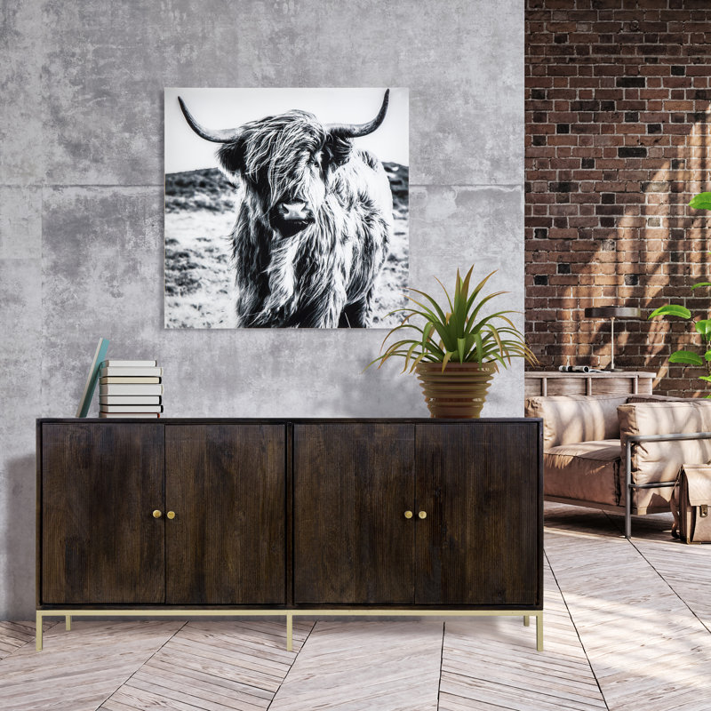 Bulwell 72" Mango Wood 4-Door Cabinet with 3D Pattern Door Facades Champaign Gold Metal Hardware & Base