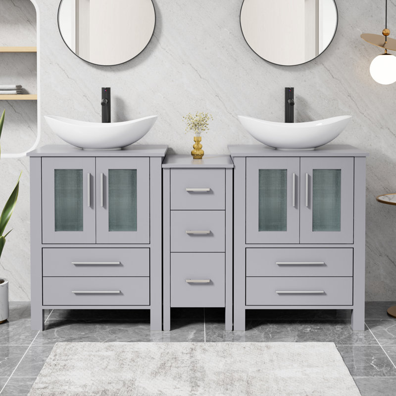 Sharee 60" Double Sink Bathroom Vanity With Vessel Sink, Manufactured Wood Top, Faucet And Drain, Gray