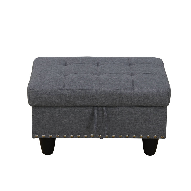  Repose-pieds de rangement rectangulaire à garniture cloutée de 28,5 po de largeur Ulanda, Mélange de lin gris foncé