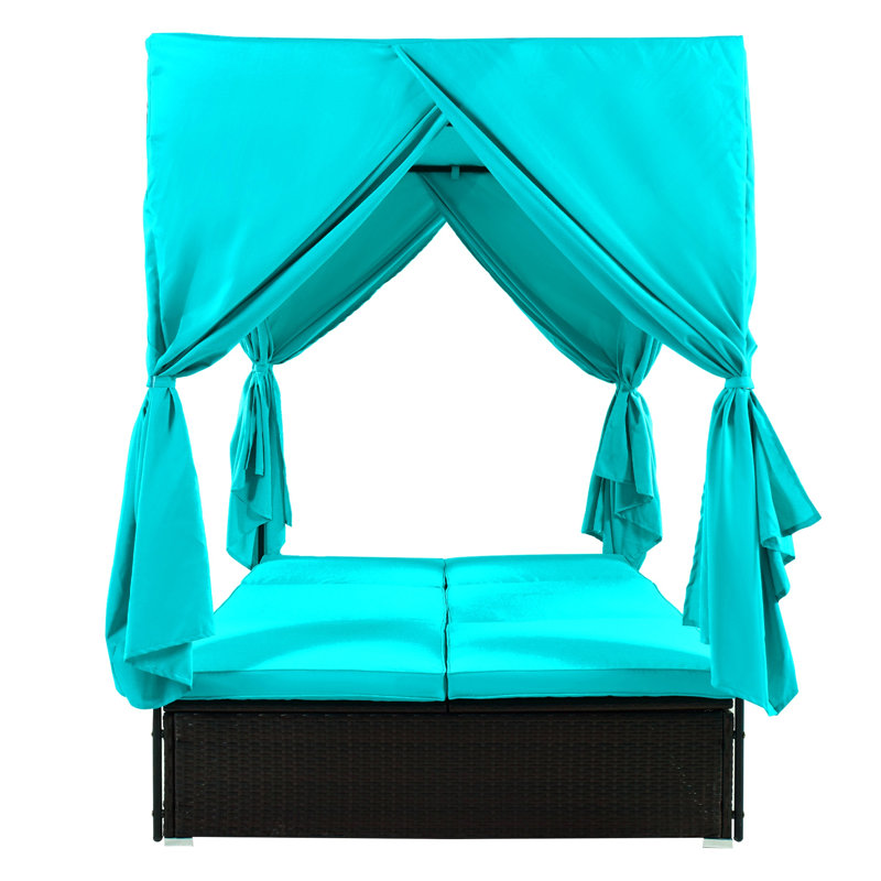 Blue Outdoor Double Chaise Lounge Daybed with Curtains and Cushions, Rattan Patio Set
