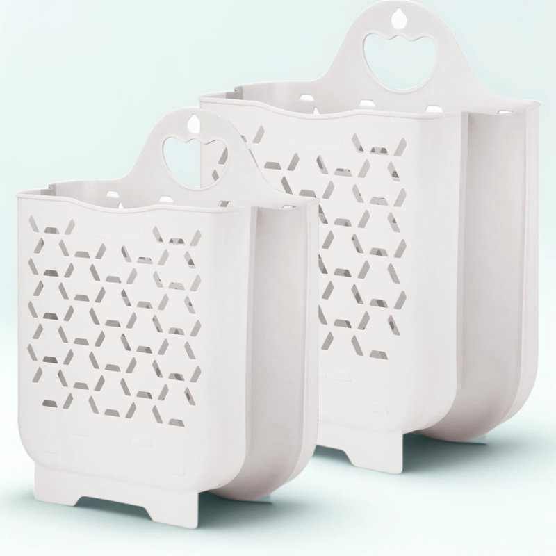 Ensemble de 2 paniers à linge pliables avec fixation murale, pliable et ventilée pour un rangement peu encombrant dans un dortoir, une salle de bain ou une salle de lavage