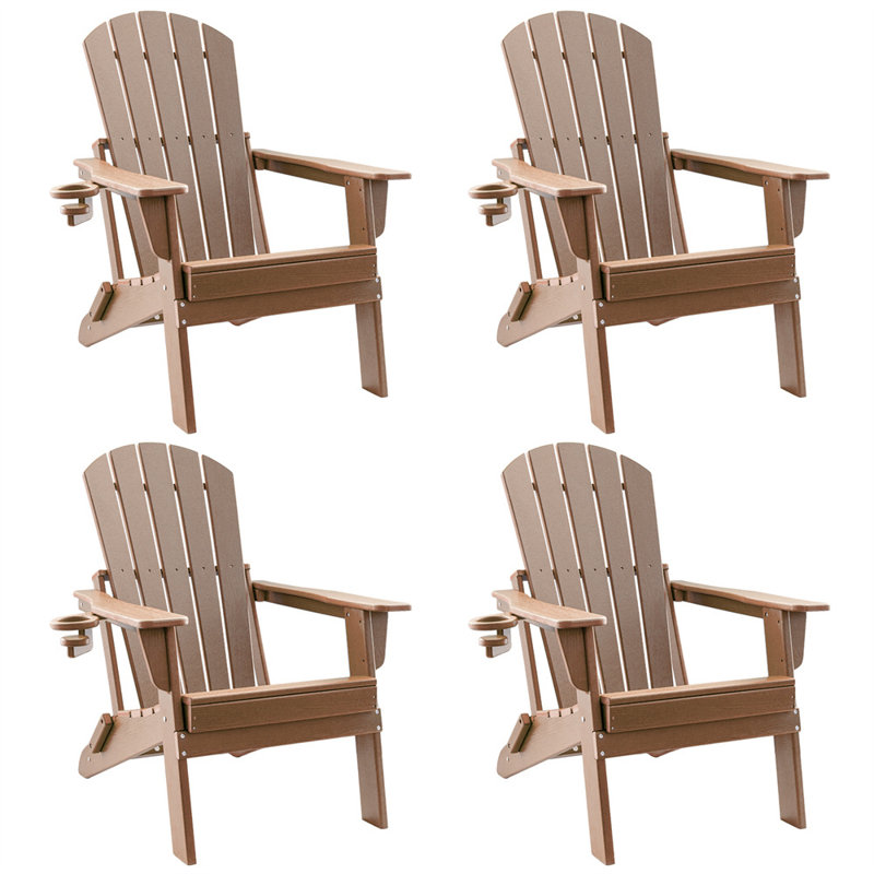 HDPE Folding Adirondack Chair With Cup Holder,Weather-Resistant, Low Maintenance,Supports Up To 400Lbs,4 Pack, Teak