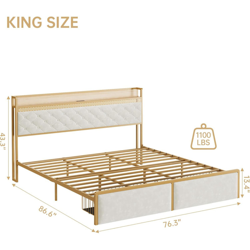 Platform Bed Frame With LED Lights, Charging Station, Storage Headboard, 2 Storage Drawers, King