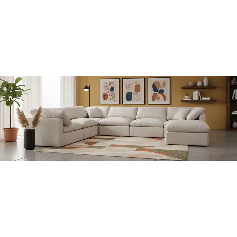 Canapé modulaire rembourré 7 pièces Hinami, Tissu beige texturé en lin