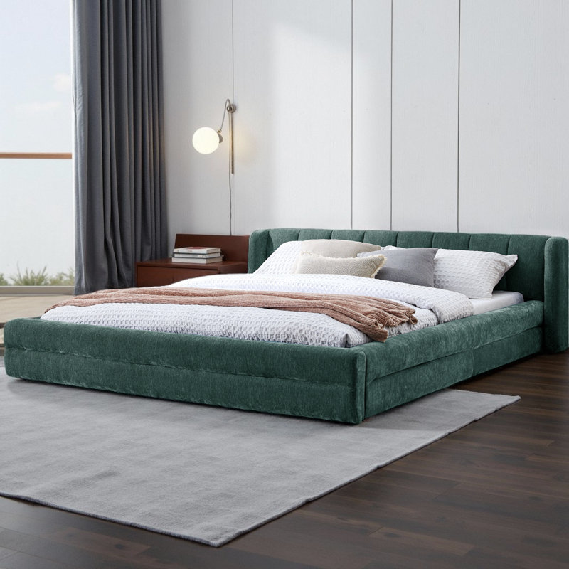 Queen Size Upholstered Platform Bed – Chenille Fabric Bed Frame with Headboard, No Box Spring Needed, Green