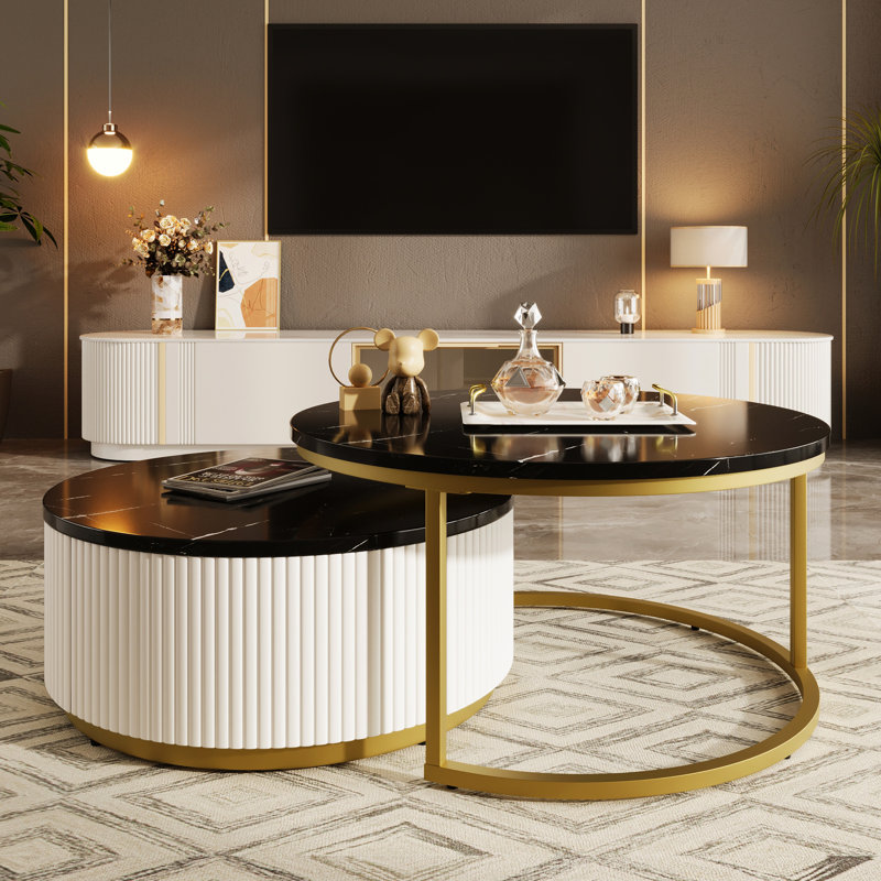 Table basse élégante et moderne avec fonction de nidification et tiroir en option avec rangement noir et doré