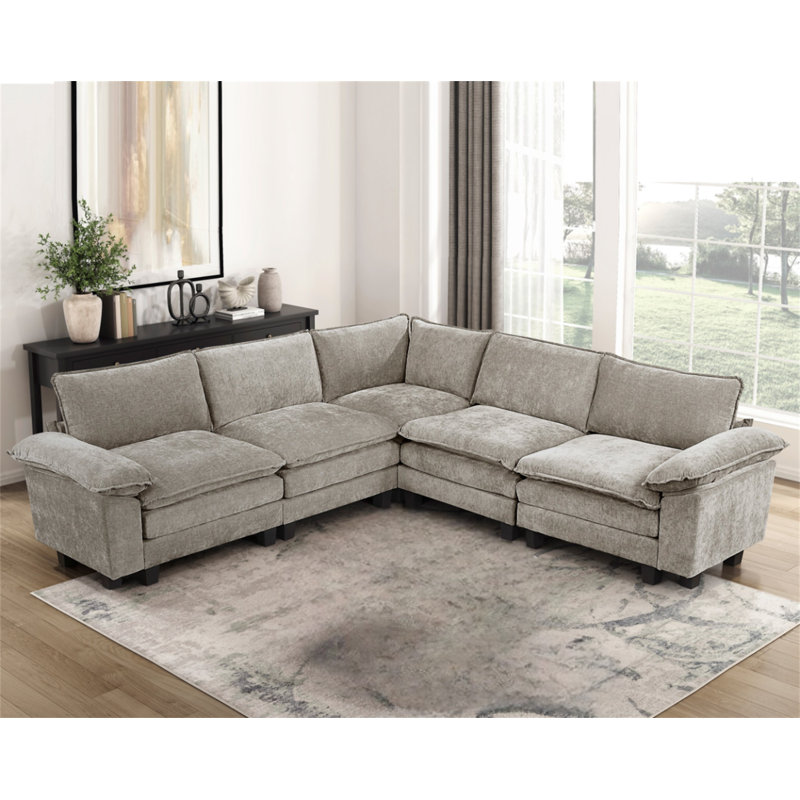 Ensemble de canapé modulaire 5 pièces Modern Contemporary, Tissu brun-gris / étain