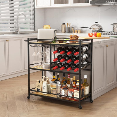 Chariot-bar à 3 niveaux avec roues verrouillables, support à vin pour 12 bouteilles et porte-verres à 3 rangées, chariot de service pour boissons alcoolisées pour le salon