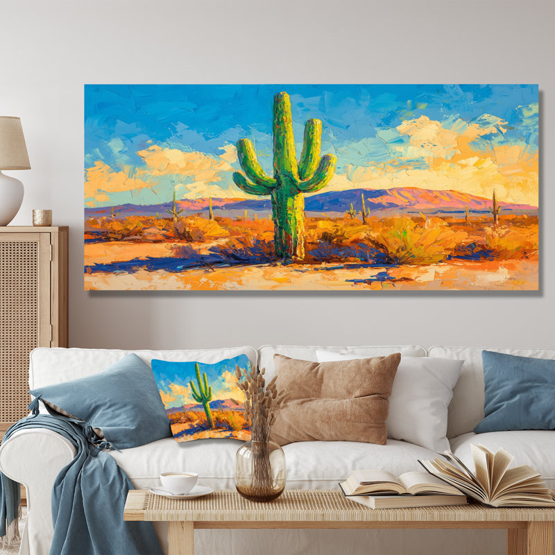Saguaro dans la lumière dorée II - cactus, art mural, H 28 po x l 60 po, Toile tendue sur cadre, Ne s’applique pas