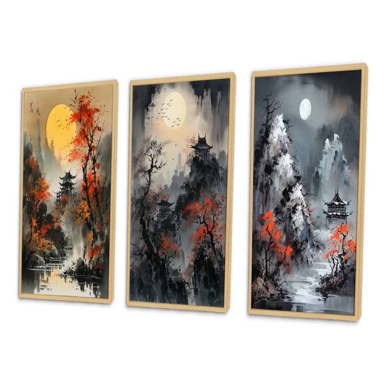 «Red Moonset Raven Cry Japon», 3 pièces sur toile, Cadre naturel flottant, H 28 po x l 36 po
