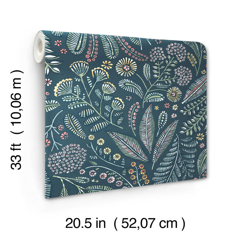 Briar Navy Floral Wallpaper, Teal