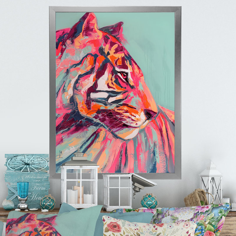 Œil de tigre rose, coup de peinture - peinture, H 36 po x l 24 po, Impression encadrée, Argent