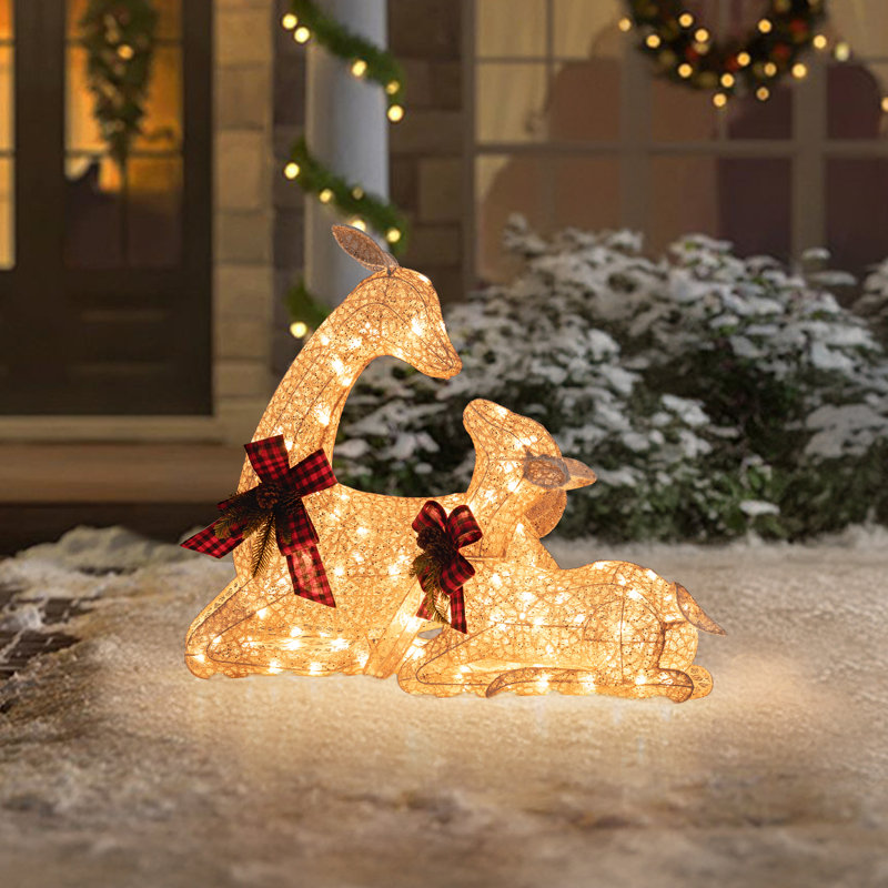 Sunjoy 2-Piece Lighted Lying Deer with Red Bows