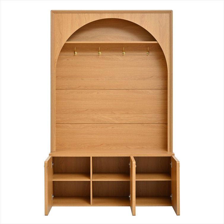 Classic Brown MDF 48.7 Inch Farmhouse Hall Tree Coat Rack, Freestanding All-in-One Entryway Storage Organizer