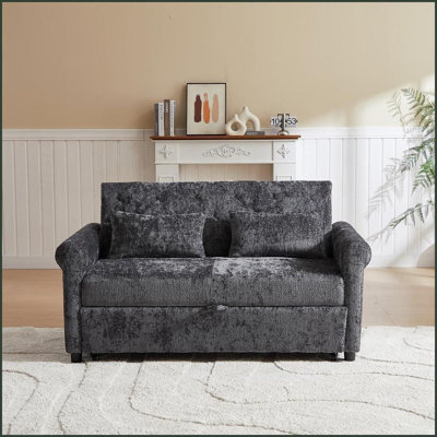 58” Modern Velvet Sofa Bed - Pull-Out Loveseat for Living Room/Bedroom - Cozy Adjustable Back | Dark Gray | Fabric | Cushion Back