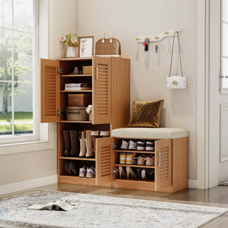 Armoire à chaussures multifonctionnelle avec banc et 7 + 3 compartiments, tablettes réglables et sièges rembourrés pour les vestibules et les vestibules