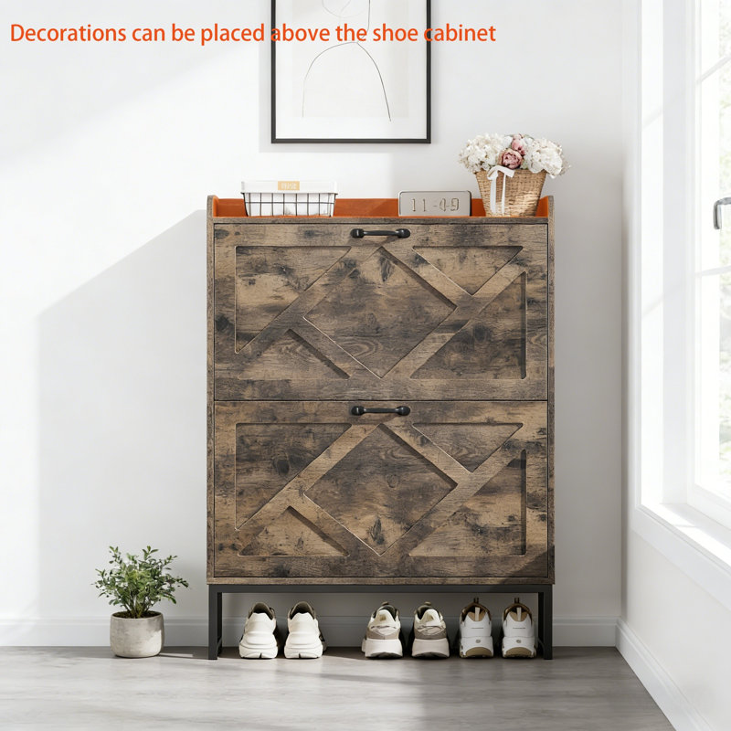 Slim Shoe Cabinet With 2 Flip-Down Drawers, Brown