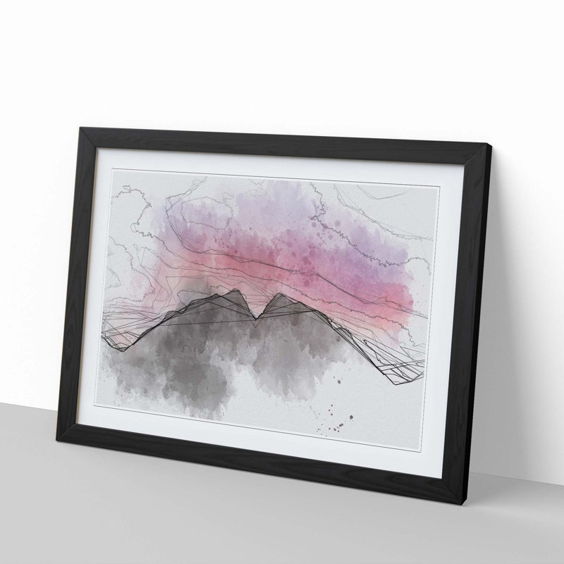 Mountain Mirror in Abstract - Picture Frame Drawing Print, 27cm H x 36cm W x 2cm D, Black Framed