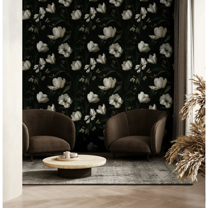 Papier peint floral foncé | Murale fleur blanche rétro | Élégant décor botanique à peler et coller