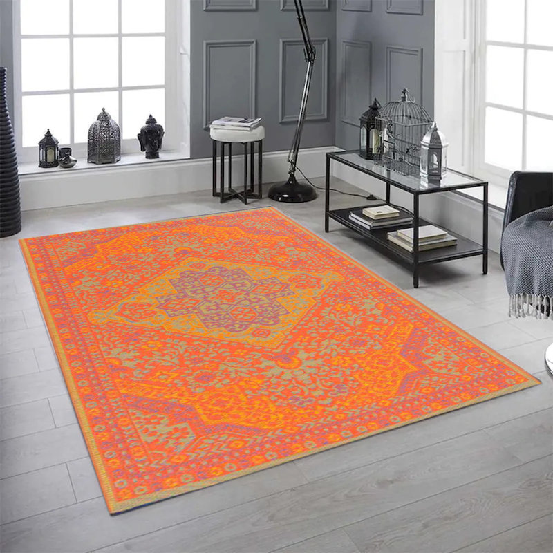 Tapis d'extérieur réversible en plastique à motif orange et gris Fiesta, Rectangle de 5 pi x 8 pi