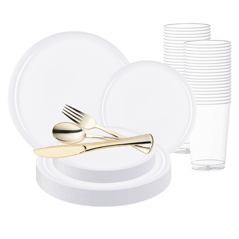 White Flat Round Disposable Plastic Wedding Value Set - 120 Settings