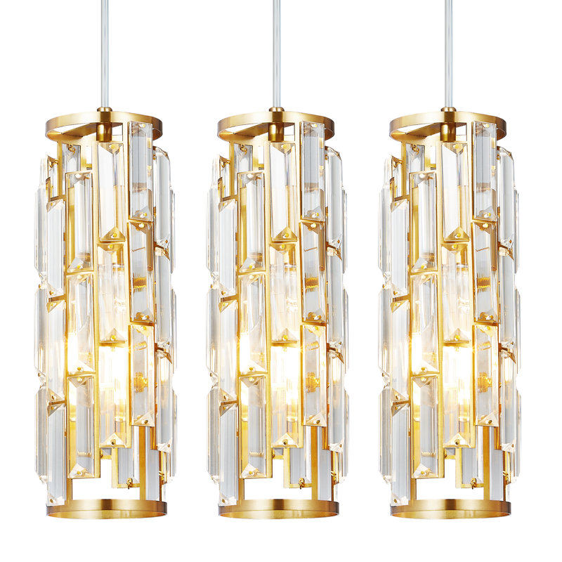 Taveyon Crystal Cylinder Pendant Lights Kitchen Island, Gold, 3 Lights