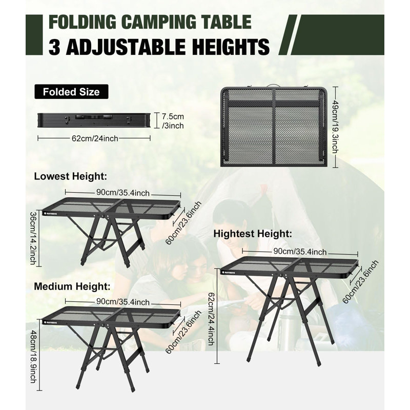 Foldable Grill Table With Mesh Desktop, 200Lbs 3Ft Portable Folding Table, Height Adjustable Metal Table