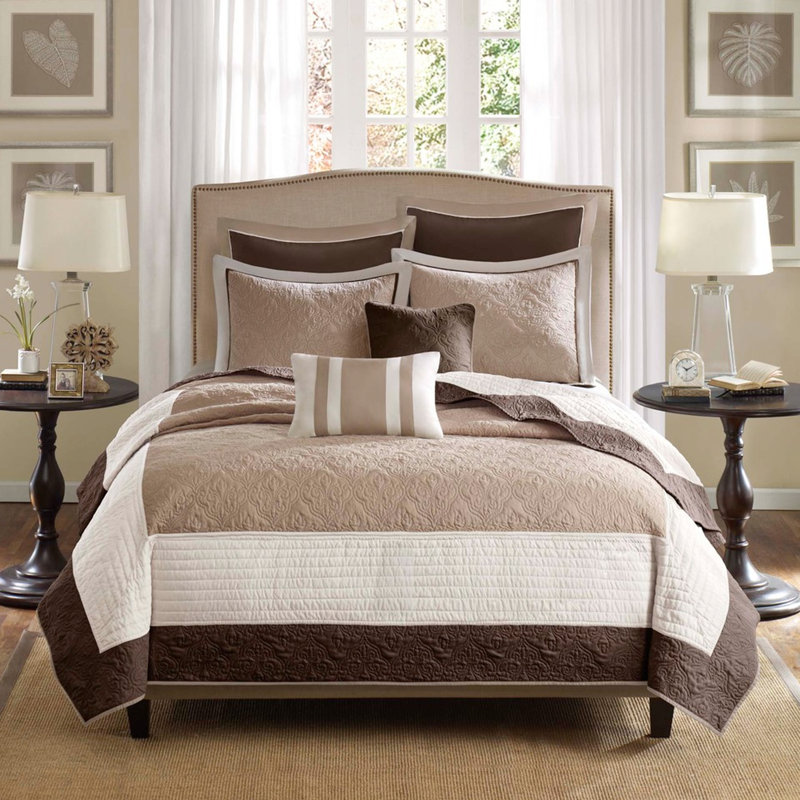 Courtepointe beige très grand / très grand 7 pièces, médaillon, taies décoratives européennes et coussins, pièces lavables à la machine, avec jet sans effort