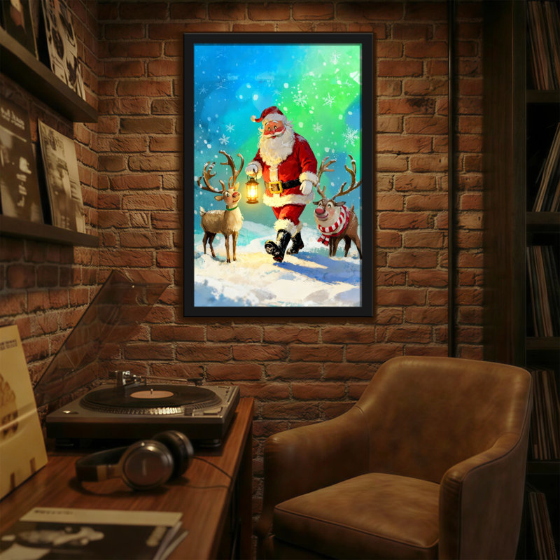 Père Noël avec des rennes dans une scène enneigée, H 18 po x l 12 po