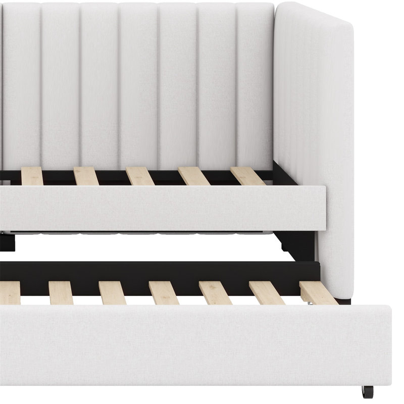 Upholstered Daybed With Trundle, Beige