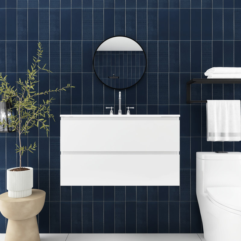 36 In. Wall-Mounted Bathroom Vanity With Integrated Ceramic Sink, White
