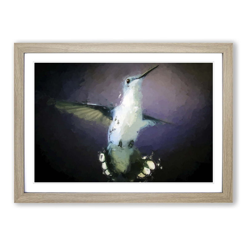 Hummingbird Bird in Flight in Abstract - Picture Frame Painting Print on MDF, 36cm H x 48cm W x 2cm D, Oak Framed