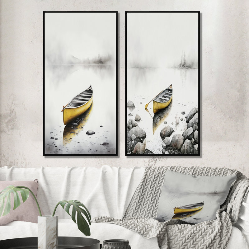 «Yellow Canoe On The Lake», 2 pièces sur toile, Cadre noir, H 32 po x l 32 po