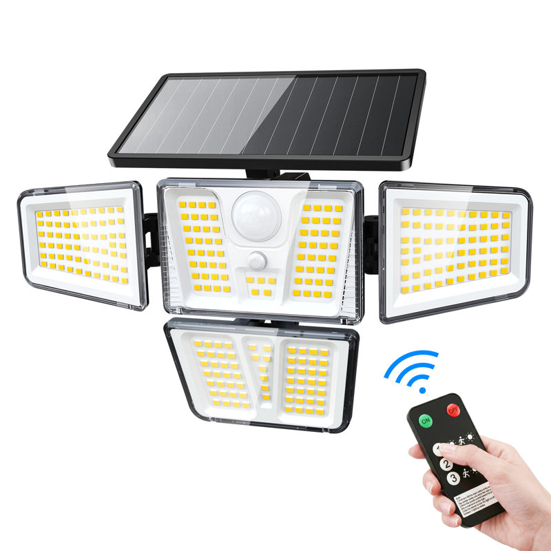 Éclairage solaire extérieur, lumières de sécurité à détecteur de mouvement 3600LM, 4 projecteurs solaires à 270 ° avec télécommande et 3 modes, panneau de verre, IP65 imperméable pour cour, garage, patio