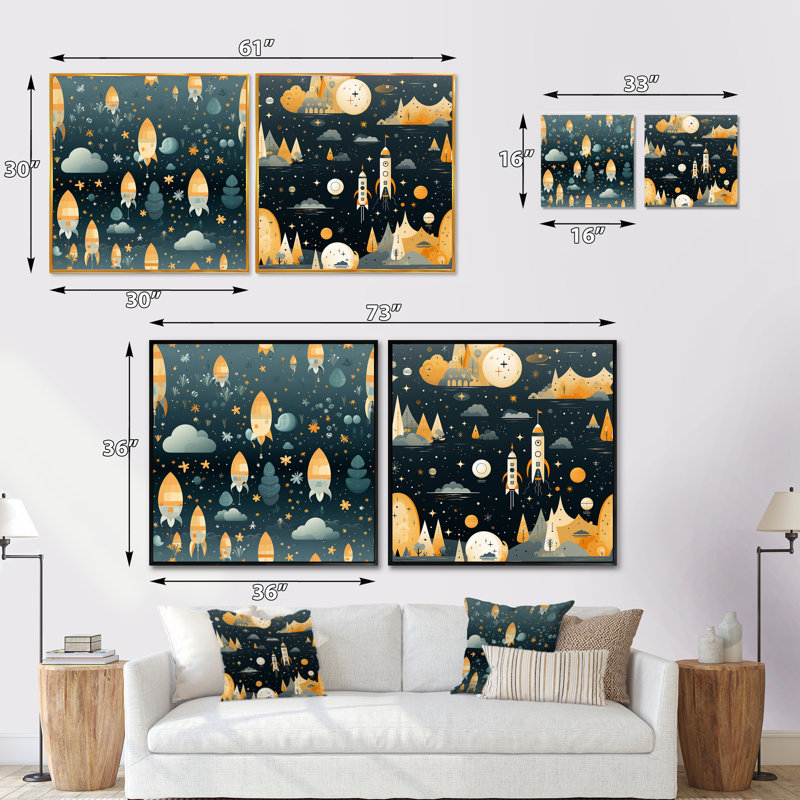 Fusée spatiale pour chambre d'enfant - ensemble de 2 collages carrés pour enfants, Cadre flottant noir, H 16 po x l 33 po