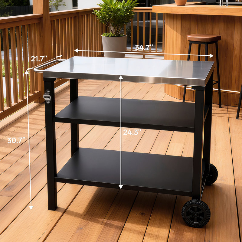 Chariot de barbecue extérieur à 3 niveaux avec plateau en acier inoxydable, table de préparation mobile sur roulettes, barre de service pour le patio et la cour arrière, support de four à pizza noir, rouille, rangement spacieux, mobilité facile, facilité de déplacement