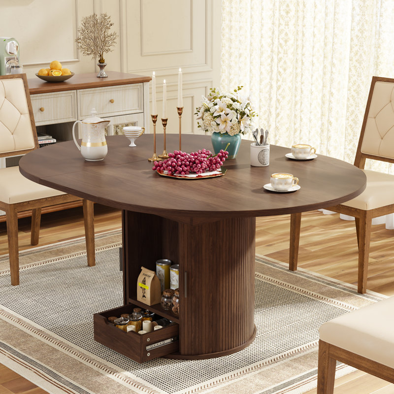 47''-63'' Extendable Kitchen Table for 6-8,Oval Dining Room Table With Storage Base,Mid Century Modern Pedestal Dinner Table