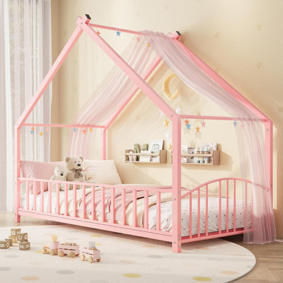 Structure de lit double en métal pour enfants Montessori, rose | Structure de lit Montessori