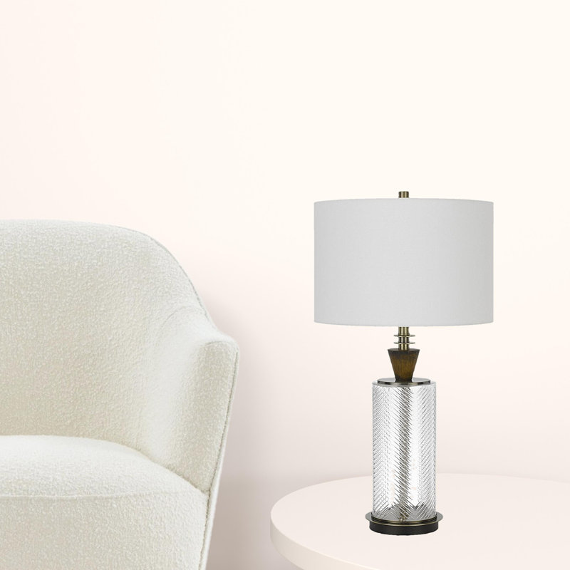 Lampe de table Sherwood en verre, 77 cm de hauteur, bois bronze foncé, 150 W, ampoule E26 à 3 intensités, abat-jour tambour blanc - Spécifications