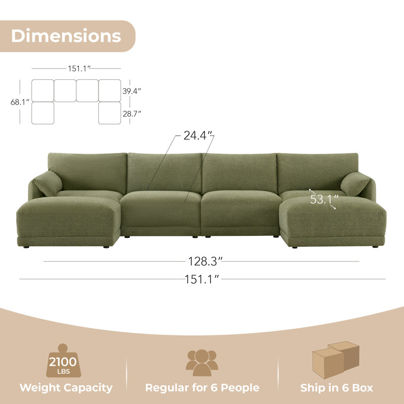 Bodhild 151'' Boucle 6 - Piece Modular Sectional With Ottoman, Green Polyester