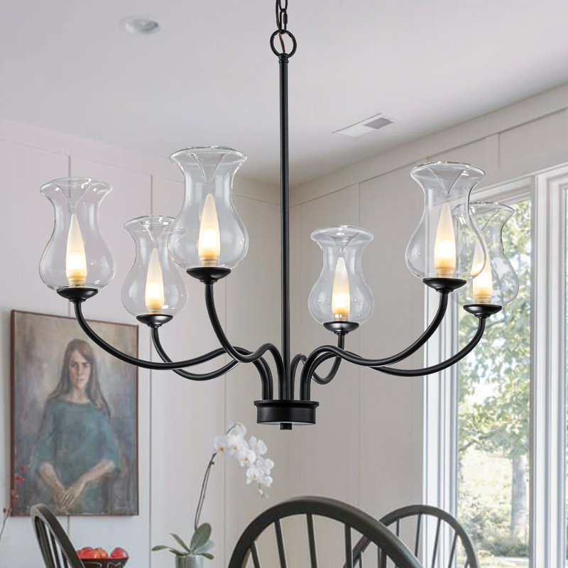 Lustre 6 lumières en fer noir mat avec abat-jour en verre transparent, luminaire suspendu de style campagne moderne à hauteur réglable pour salle à manger, îlot de cuisine et salon