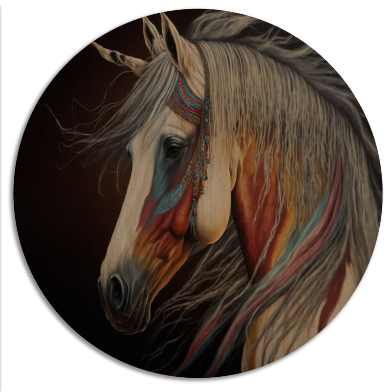 Cheval indien avec crinière colorée V - Art mural moderne en bois - Bois de pin naturel, L 36 po x H 36 po