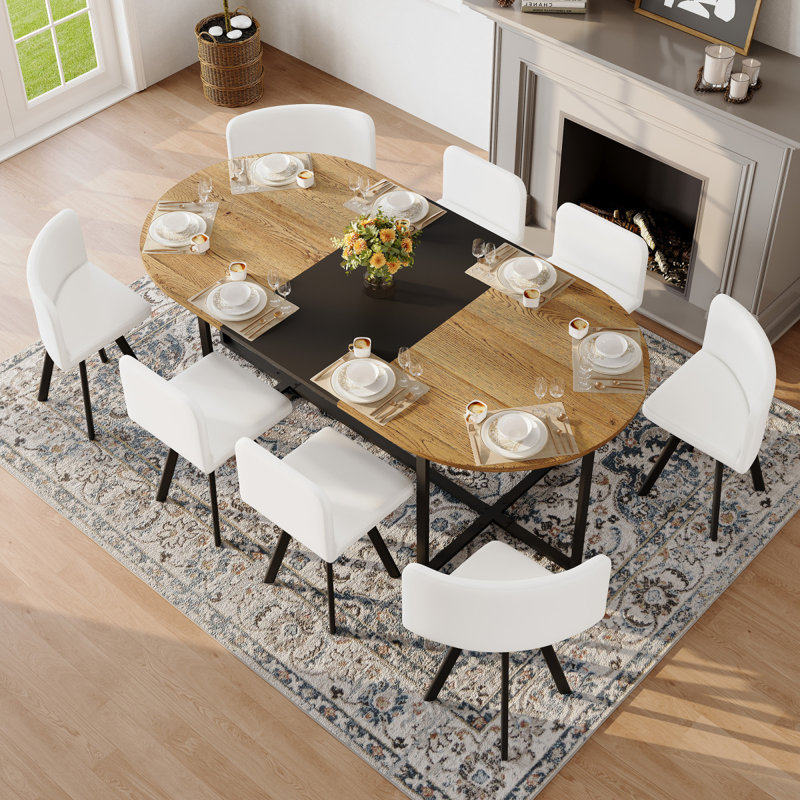 Ensemble de table de salle à manger 9 pièces ovale, plateau de table fixe à deux tons grain de bois et triamine de grain de bois noir avec 8 chaises en cuir de polyuréthane blanc, ensemble de table de cuisine moderne pour 8 personnes, idéal pour les réunions de famille