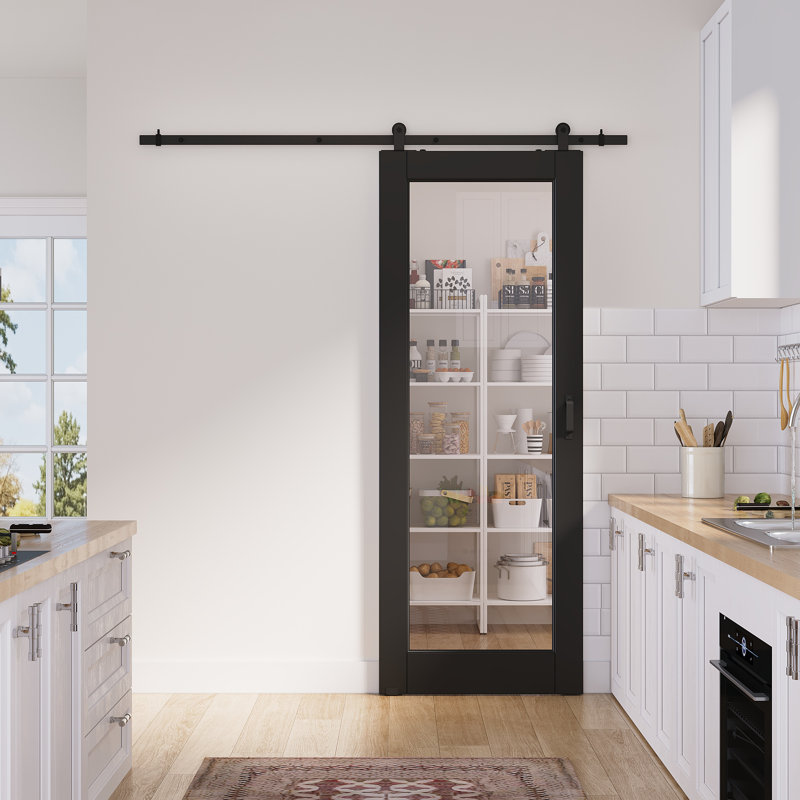 Surface de 28 po x 80 po x 1 po en verre transparent préfini avec toute la quincaillerie de porte de grange, 28in.x 80in.