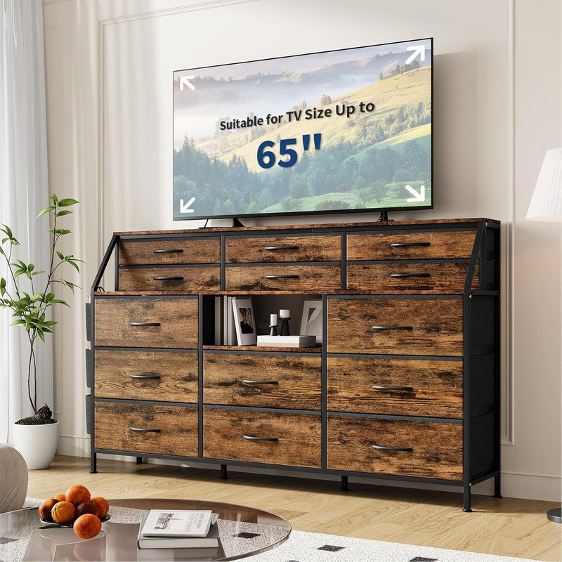 Dresser TV Stand with 14 Fabric Drawers, Metal Frame & Wood Top for Living Room, Bedroom Storage Organizer, Brown