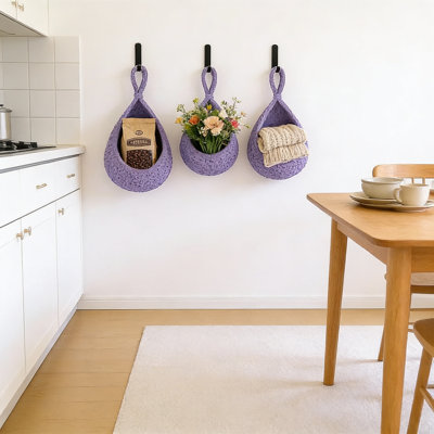 Paniers muraux en corde de coton tissés à la main, 3 paniers de rangement multi-tailles avec crochets pour l'organisation de la cuisine, des fruits, des légumes et de la décoration intérieure