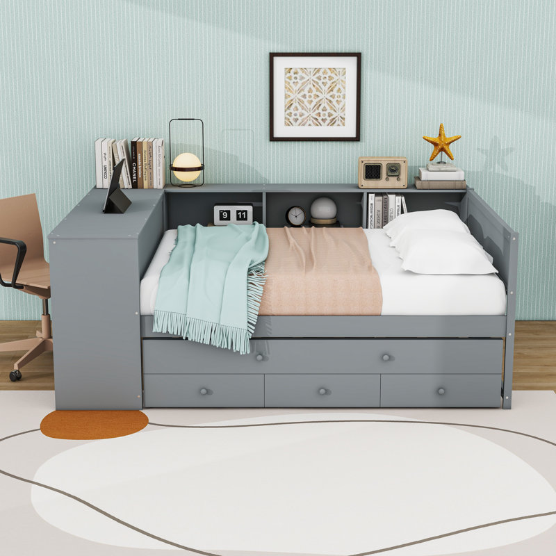Daybed with Built-in Storage Drawers and Twin Trundle,Desk, Gray, Full / Double