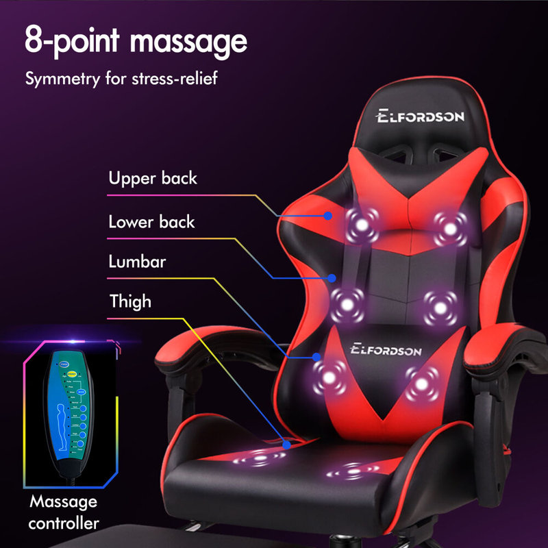 ELFORDSON Adjustable Reclining Swiveling PC & Racing Game Chair with Footrest, Red