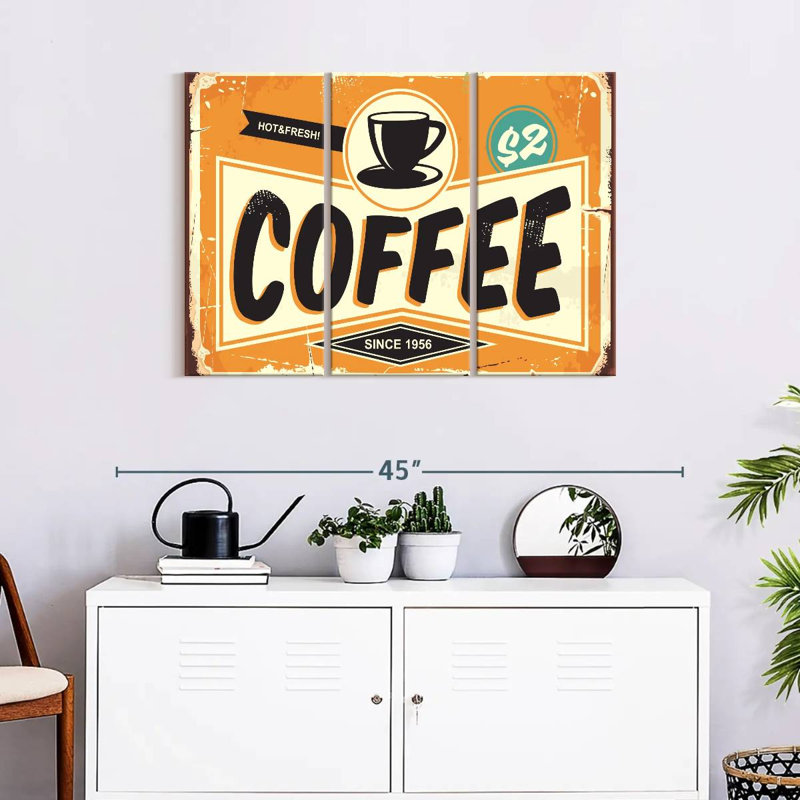 "Food and Drink", "Hot and Fresh Coffee", ensemble de 3 impressions sur toile par Retro Revival