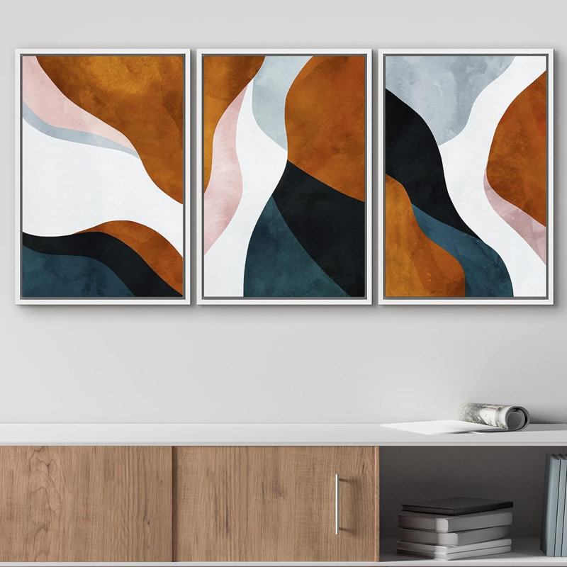 «Mid Century Shape», impression géométrique sur toile abstraite encadrée brune et bleue 3 pièces, H 24 po x l 48 po, White